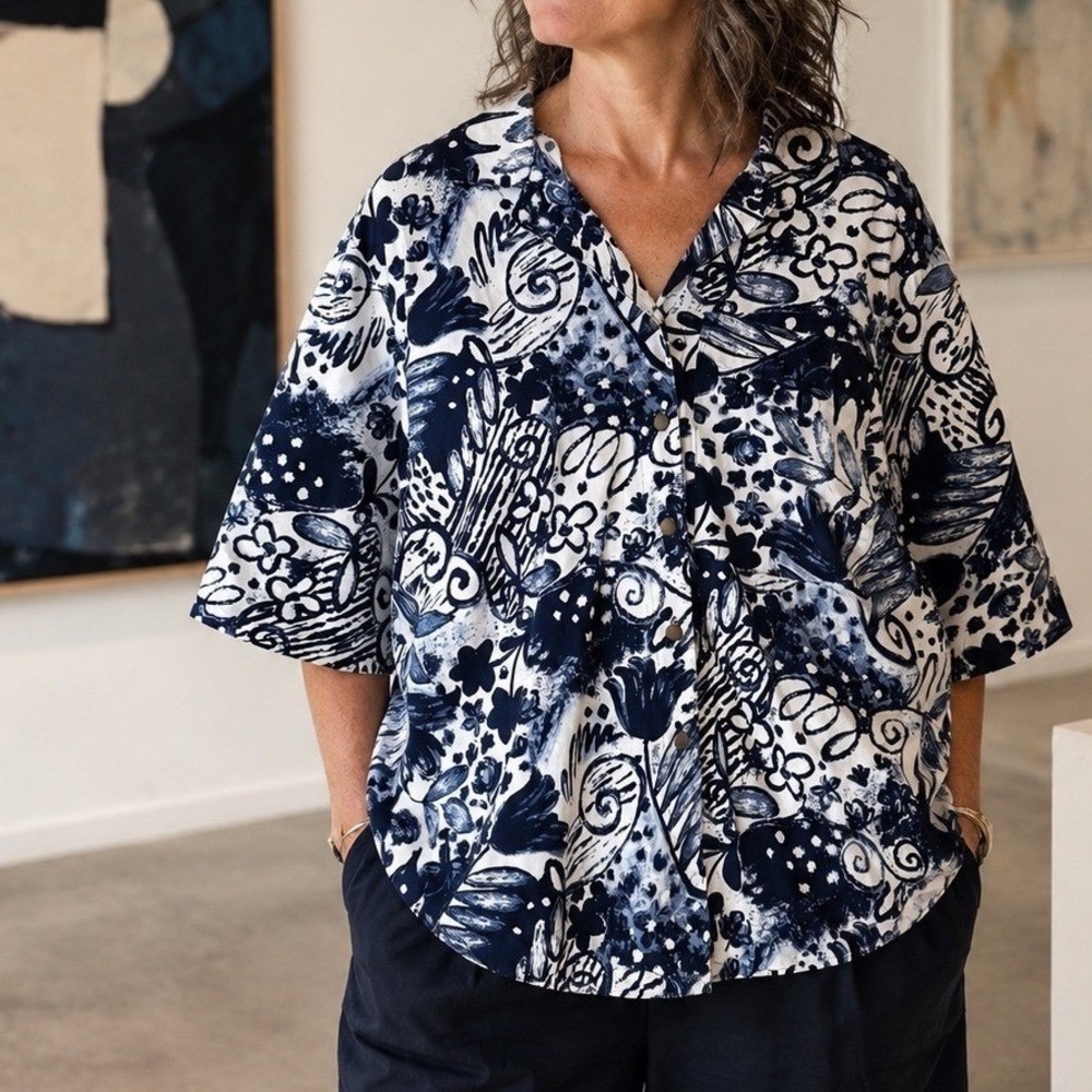 Jan Barboglio Abstract Floral Cotton Top Jacket Women's L 12 Artwear Lagenlook